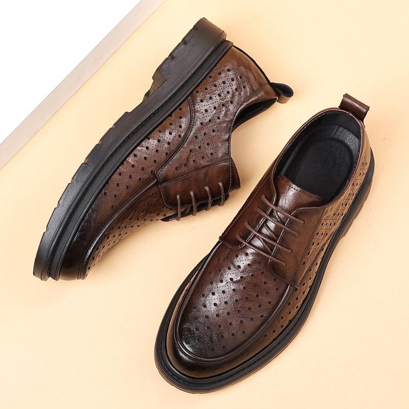 Men's Shoes 2025 New Business Dress Hollow Leather Shoes Men's Summer Breathable British Style Casual Shoes Dad Shoes Tide