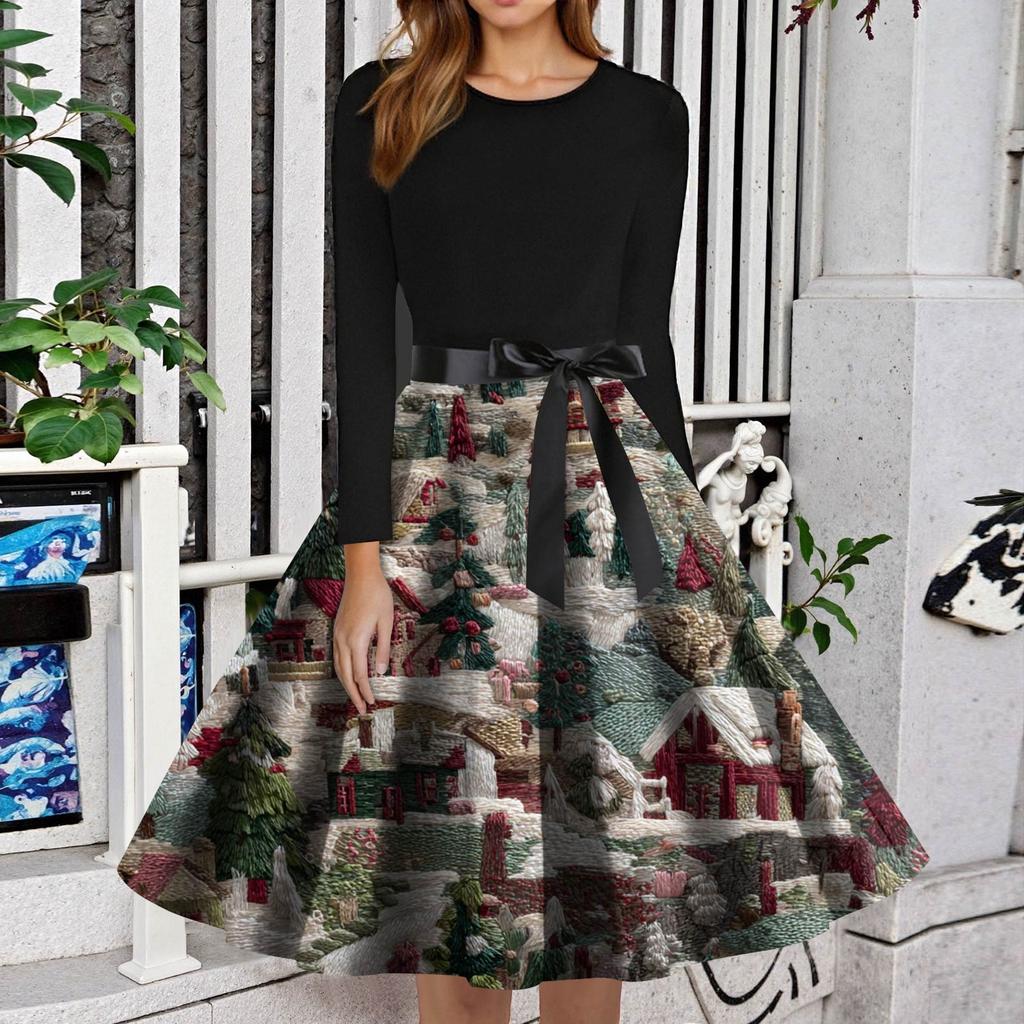 Women's Fashion Round Neck Slim-Fit Christmas Print Long-Sleeved Dress