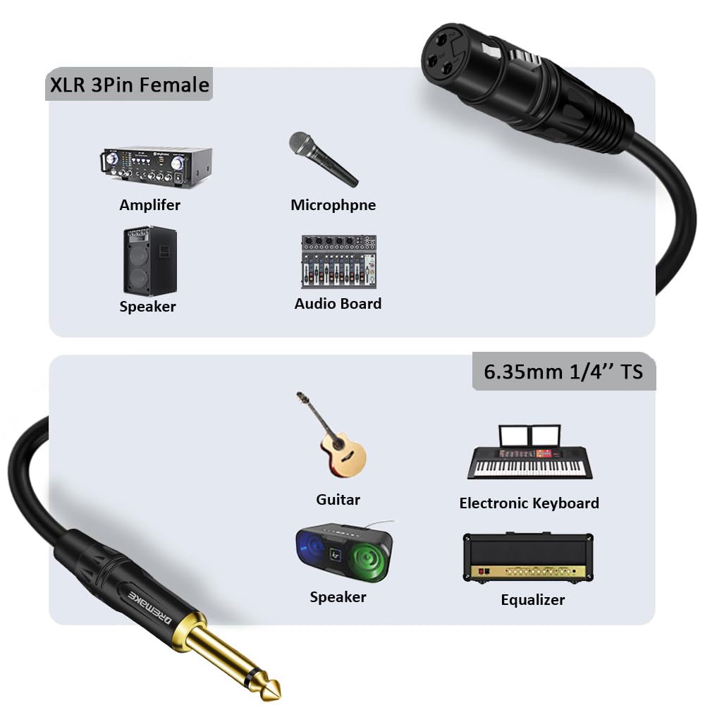 DREMAKE XLR на 6,35 мм Микрофонный кабель 3 фута XLR 3-контактный на 1/4 дюйма Моно TS Штекер на гнездо Несбалансированный Аудиошнур для Микрофонного Микшера Гитарного Усилителя