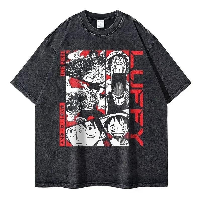 Стильная washed футболка унисекс Streetwear Оверсайз Y2K Хлопок Высокое качество L-Luffy Манга Топы Футболки 100% Хлопок Женская Мужская Одежда