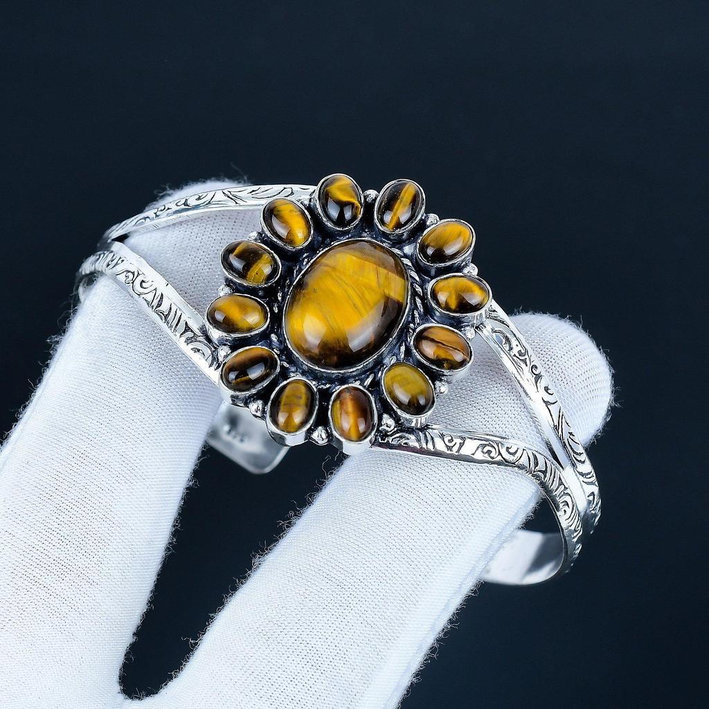 Натуральный камень Тигровый глаз Ручной работы Манжета-браслет из серебра 925 пробы, Браслет в форме цветка Тигровый глаз для жены, Унисекс браслет для подарка