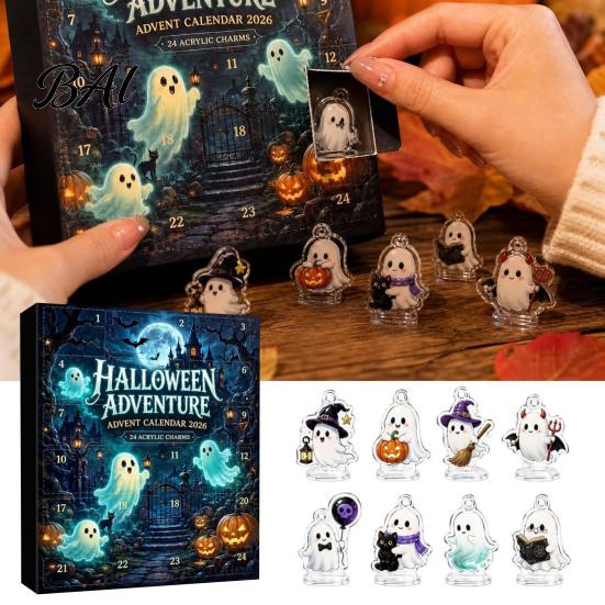 Halloween Surprise Gift Advent Calendar 2026, 24 Day Countdown Box with 2D Flat Backpack Charms Ghost Hanging Charm, Collectible Toy for Desktop