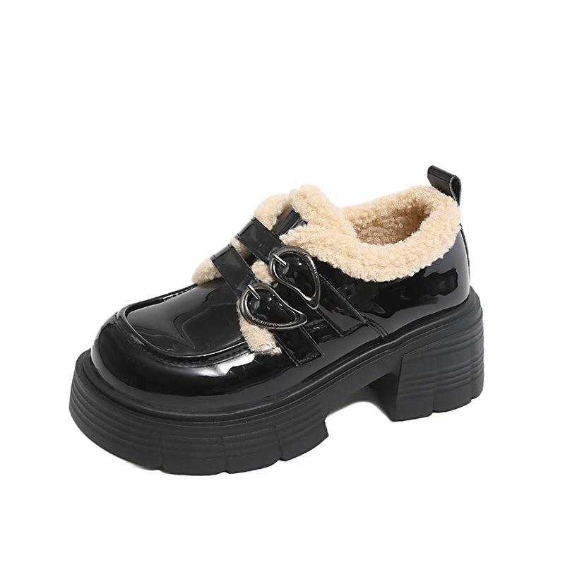New Velvet Warm Loafers Women'S New Thick Heel Thick Sole Retro New Small New Small Leather Shoes