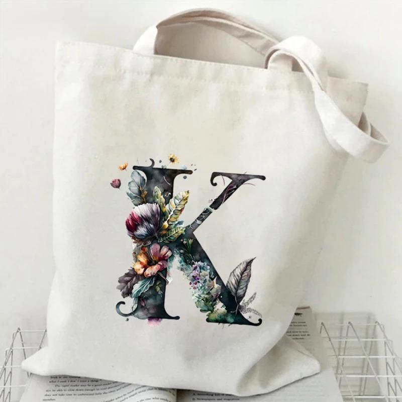 26 Letters Flower Tote Bag For Women Eco Reusable Shoulder Bagslarge Capacity Canvas Casual Harajuku Shopping Shopper Handbag