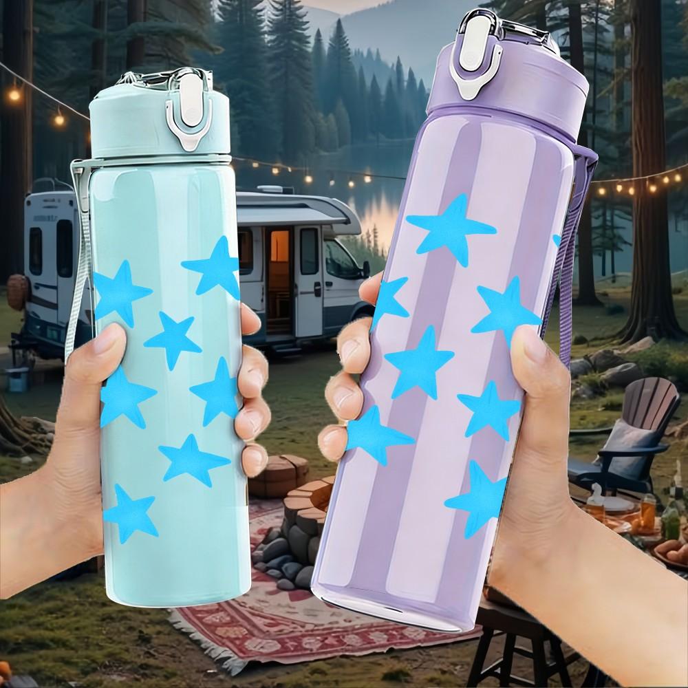 1PC Light Blue Five Point Star Repeat 750ml Color Plastic Sports Water Bottle Leakproof Flip Straw Lid Suitable for Sports Office Home Use