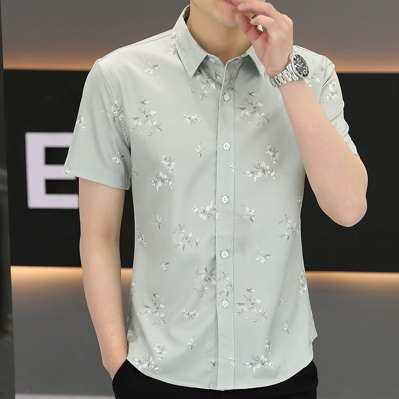 Ice Silk Summer Trend Printing Collision Casual Short-sleeved Shirt Men's Thin Section of Youth Loose Versatile Men's Shirt
