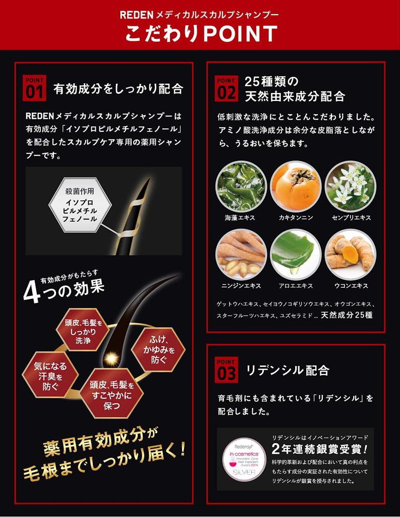 REDEN Medical Shampoo Set of Developed by a Hair Tonic Redensyl Medicated Shampoo 2, Manufacturer, Contains, Quasi-drug, Scalp, Non-Silicone, Men's