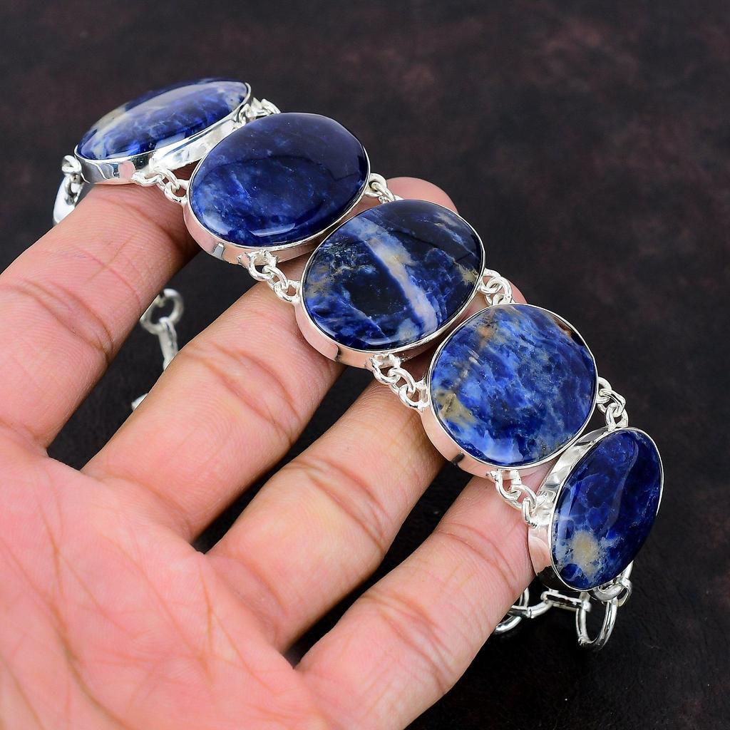 Браслет из содалита, браслет из стерлингового серебра 925 пробы, регулируемый браслет-цепочка, красивые ювелирные изделия из содалита, браслет из драгоценных камней ручной работы, подарок для него