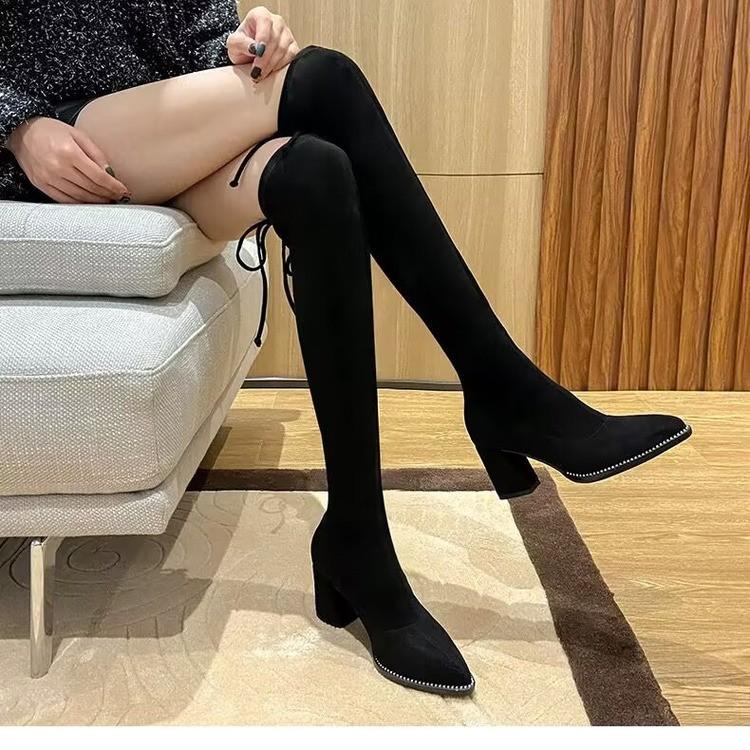 Fashion 2024 Winter New Style Sleeve Women's Fashion Boots Over The Knee High Heels Fang Hei Pointed Tip Suede Rubber Sole Anti-slip