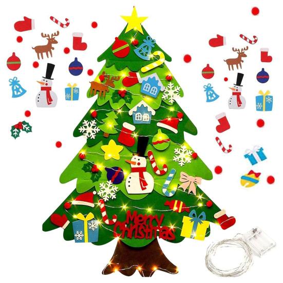 DIY Felt Christmas Tree with 5m LED Lights 3-Foot Tall Wall Hanging Decor with Detachable Ornaments Montessori Holiday Activity for Kids And Home