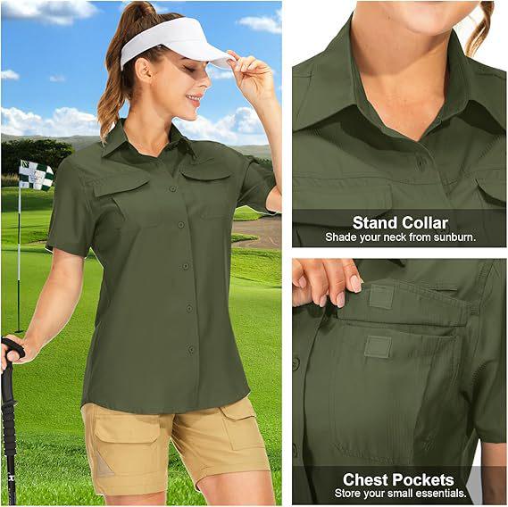 Женская летняя рубашка 2026 с коротким рукавом, быстросохнущая - Однотонная, с нагрудным карманом, дышащая, повседневная, для активного отдыха, европейский и американский стиль