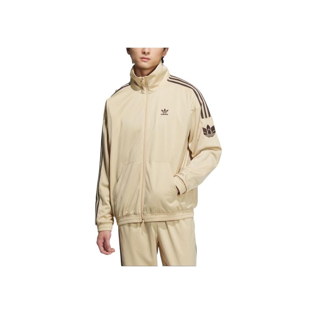 Adidas Originals Classic Retro Three Stripes Letter Logo Sports Loose Stand Collar Long Sleeve Jacket Men Jacket Mist-Light-Brown JL8399