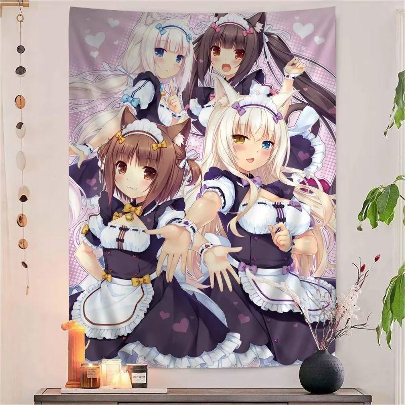 Anime Cat Maid Girls Tapestry Wall Hanging Sweet Heart Chocolate Pink Cartoon Aesthetic Wall Art Bedroom Dorm Room Decor