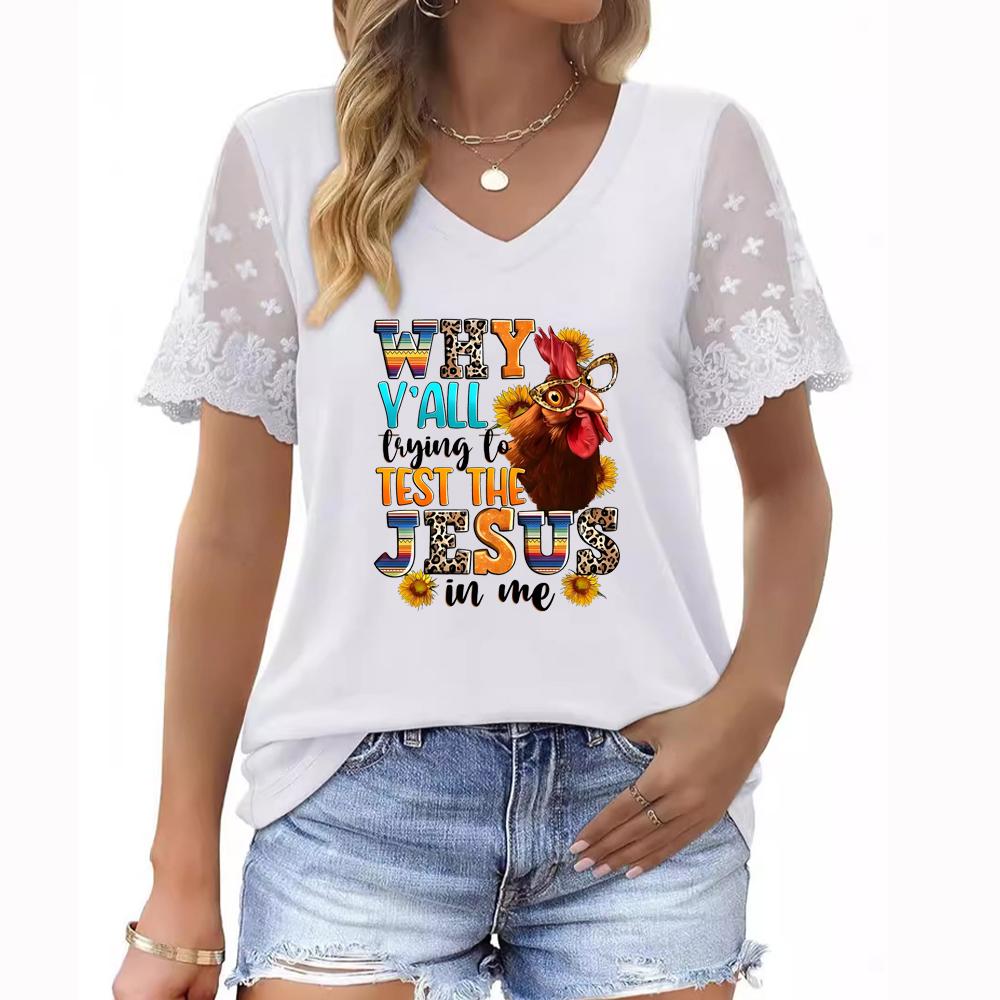 Новые поступления женской одежды больших размеров: Топ с короткими рукавами и V-образным вырезом, кружевными деталями и цветочным принтом на лето