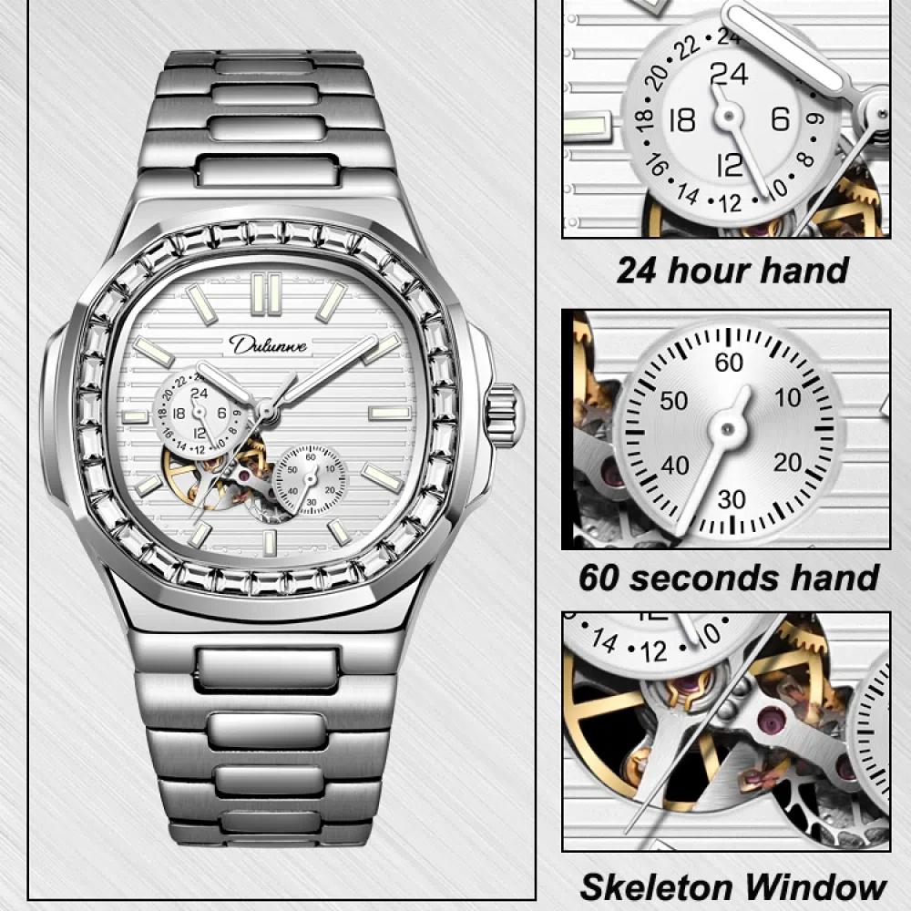 Dulunwe Часы мужские наручные с автоматическим механизмом и бриллиантами из циркония, небесно-голубые, многофункциональные, водонепроницаемые, роскошные