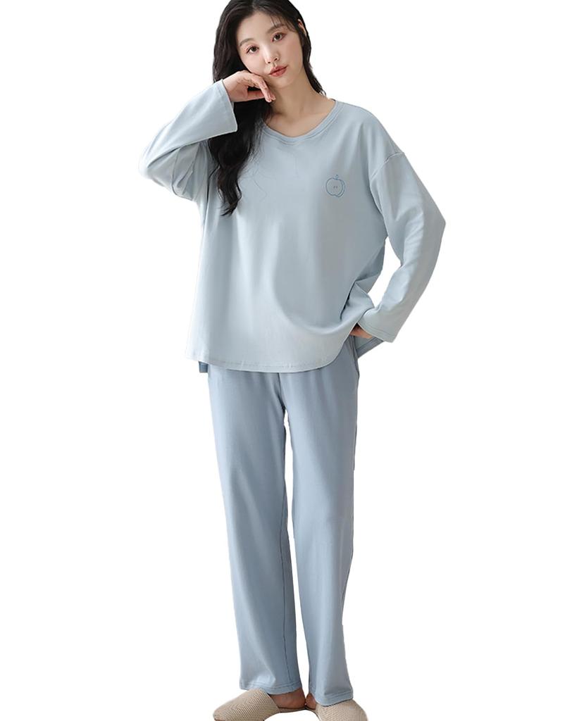 Kayuuhin Long Sleeve Loose and Comfortable Pullover Pajamas Blue Size Women's Pajamas, 100% Cotton, Spring/Autumn Loungewear, Cute, Fit, Soft,