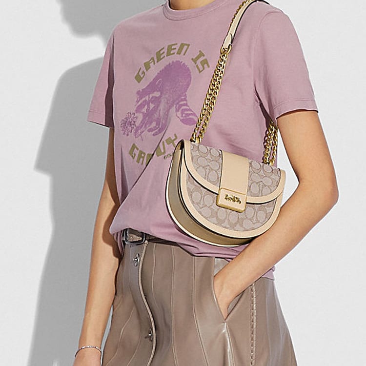 COACH Alie Canvas With Leather Saddle Bag, Shoulder Bag, Crossbody Bag Small Women's Khaki White C3464-B4SHG