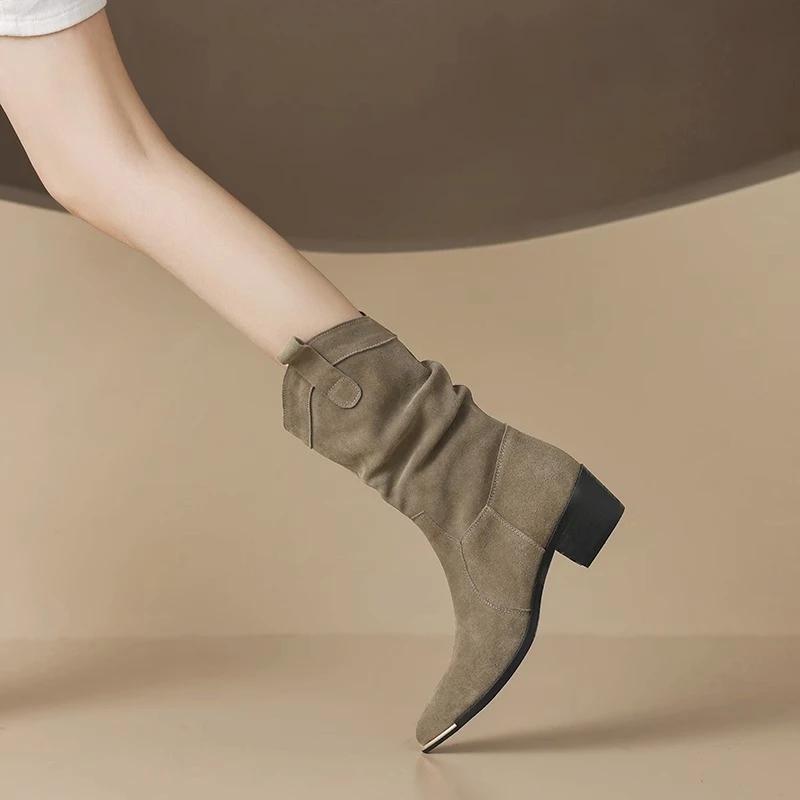 Real Cow Suede Mid-Calf Short Boots for Women Retro Pointed Western Denim Thick Heel Knight Boot Autumn Winter Gothic Shoe Botas