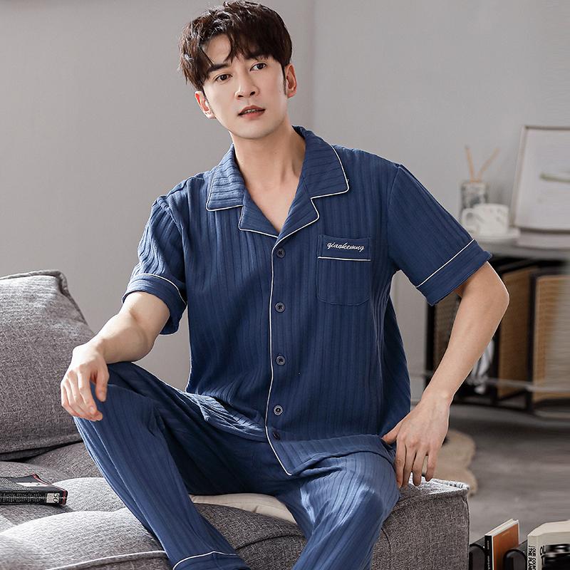 Летняя мужская пижама с коротким рукавом и длинные брюки, мужская домашняя одежда, кардиган больших размеров из хлопка для папы среднего возраста, пижама для мужчин