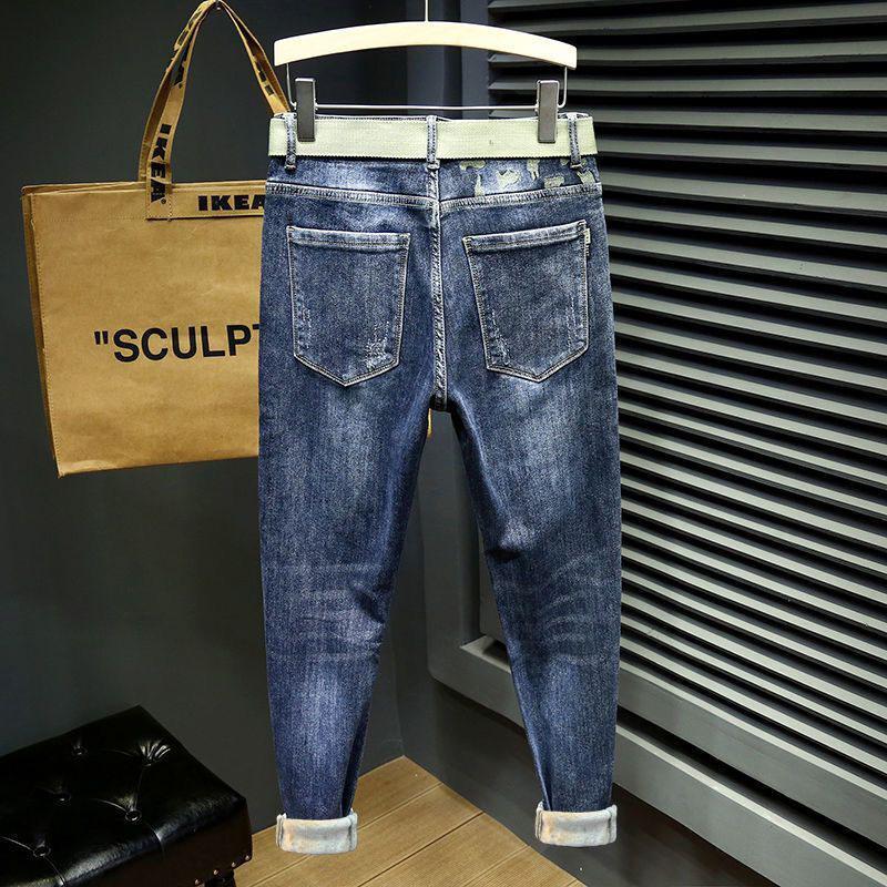 2024Новые флисовые подбитые джинсы мужские осенне-зимние повседневные выцветшие универсальные эластичные облегающие зауженные брюки мужской модный бренд