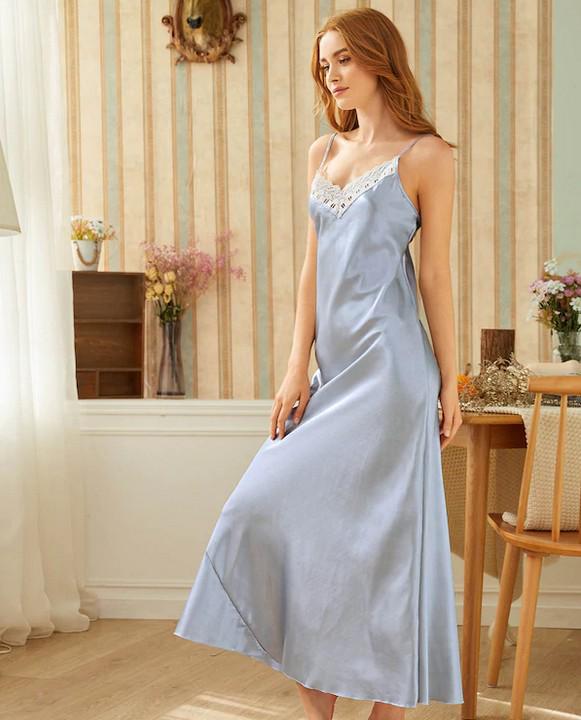 Women's Imitation Silk Lace Camisole Nightgown - Solid Color, Comfortable Long Loungewear, Lazy Style for Summer