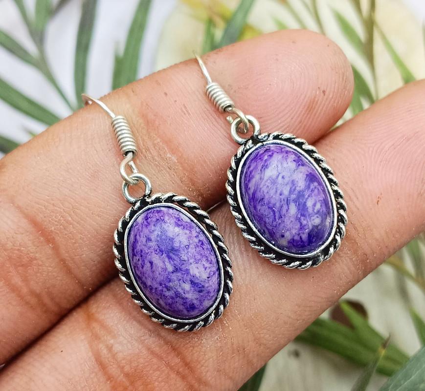 Charoite Gemstone 925 Sterling Silver Plated Hook Earring VG-22