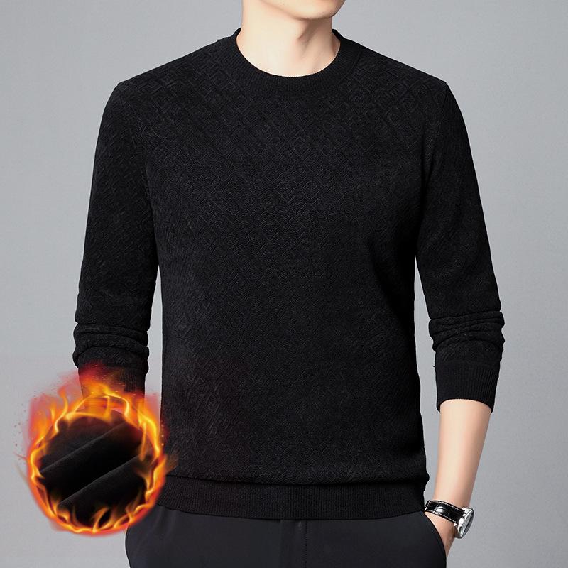Зимний свитер для мужчин молодого и среднего возраста с бархатом и утолщенным круглым вырезом, теплый топ, модный и универсальный, однотонный, с узором «переплетение»