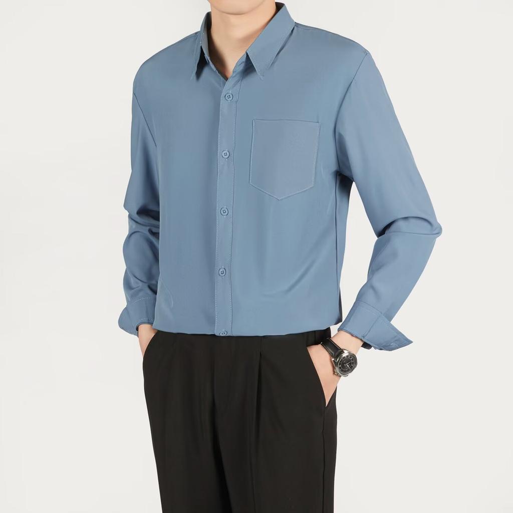 High End Casual Solid Color Long Sleeved Shirt No Ironing Loose Hanging Feeling Shirt Men's Handsome Top