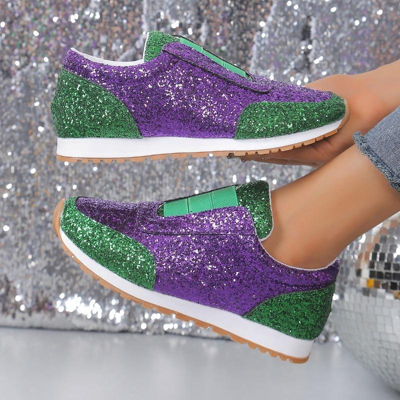 Women's Glitter Slip-On Flats, Rhinestone Elastic Platform Loafers, Round Toe Casual Shoes In Stock