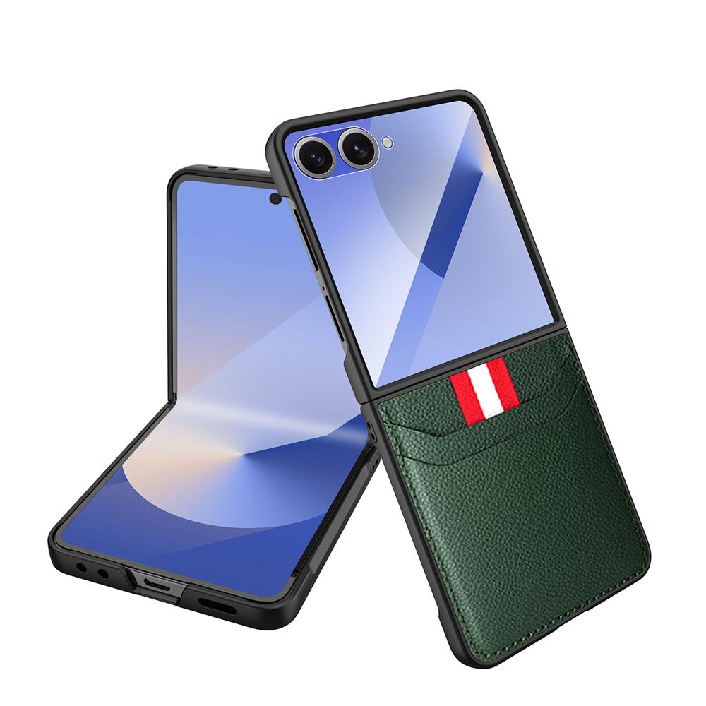 Чехол для телефона из высококачественной кожи с тиснением под личи для Samsung Galaxy Z Flip 7 со слотом для карт, противоударный чехол-накладка для защиты от падений, задняя крышка