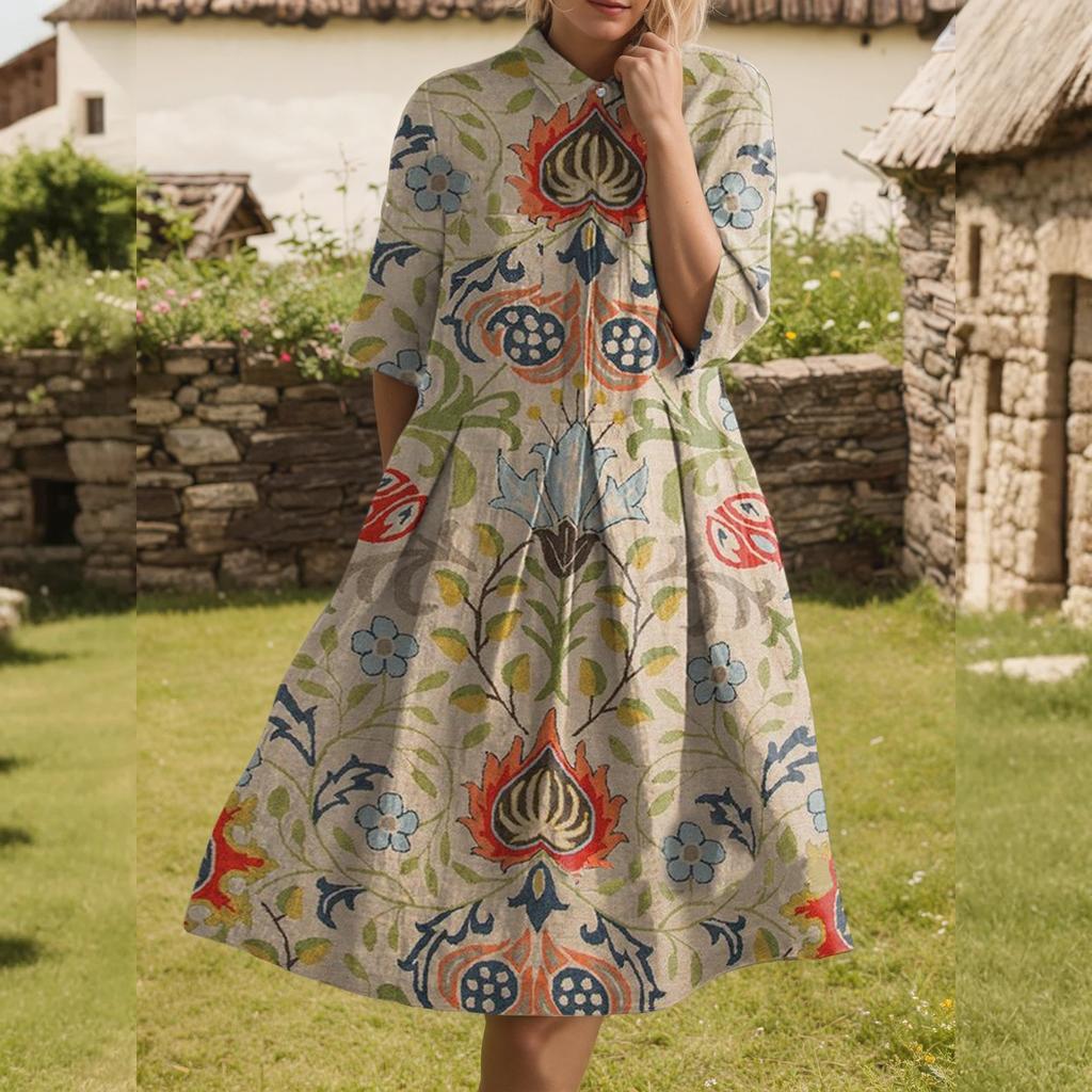 Dress For Women Elegant Casual Smocked Button Lapel Short Sleeve Knee Length Dress