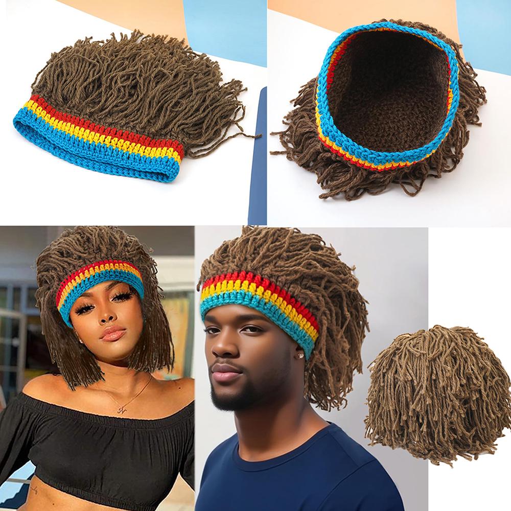 Unisex Rasta Dreadlock Wig Knit Beanie Hat, Reggae Rainbow Stripe Crochet Hat, Funny Hip Hop Dreadlocks Wig Cap for Halloween Party Cosplay
