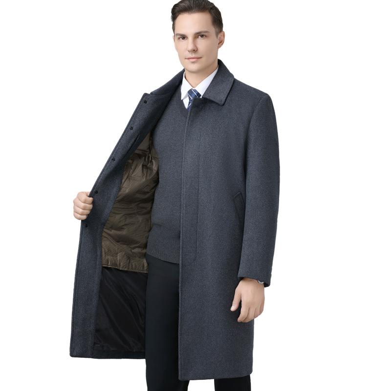 Cashmere Coat Men's Long Knee-length Woolen Down Lining Coat Middle-aged Dad Winter Coat Lapel Thickened Windbreaker