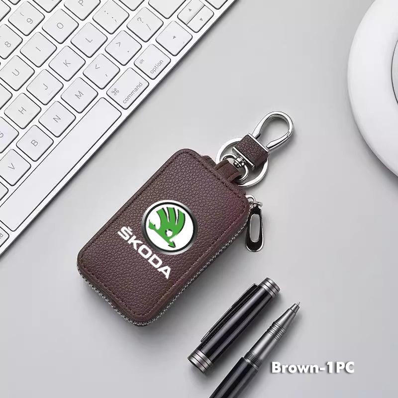 WFDZ5 Car Key Protector Bag Key Holder Mini Auto Key Case Wallet Zipper Bag Keychain For Skoda S Kodiaq Octavia 2 3 Yeti Karoq Rapid