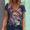 Summer V-neck 3D Animal Tigers Leopards Lions Printed Top Fashionable Casual Short Sleeved Women's T-shirts