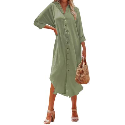 Женская зимняя однотонная повседневная рубашка с длинным рукавом и V-образным вырезом, свободные платья-рубашки