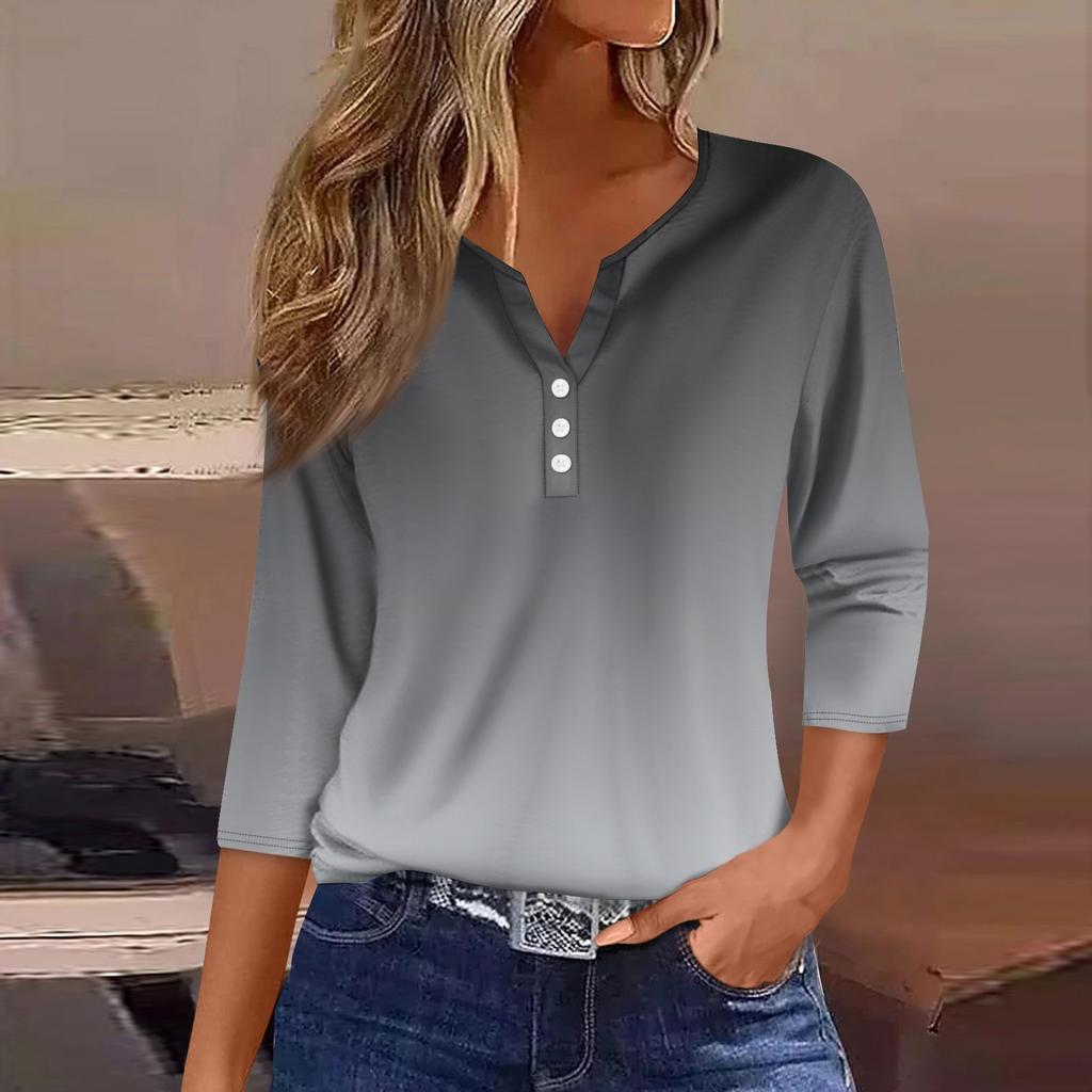 Жен. Футболка Футболка С принтом Пуговицы Рукав 3/4 Повседневные Выходные Мода Классический Классический V-образный вырез Обычный Верх