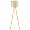 Krem Ahşap Üç Ayaklı Tripod Lambader Bej Kumaş Hazır Başlık Gold Şeritli Köşe Lambası