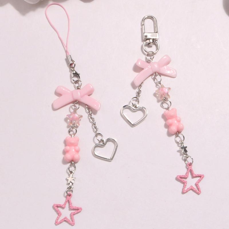 Goth Y2K Phone Charm Bow Keychain Pendant Kawaii Key Chain Bag For Girls Women Guitar Strap Lanyard Beaded Keychain Pendant