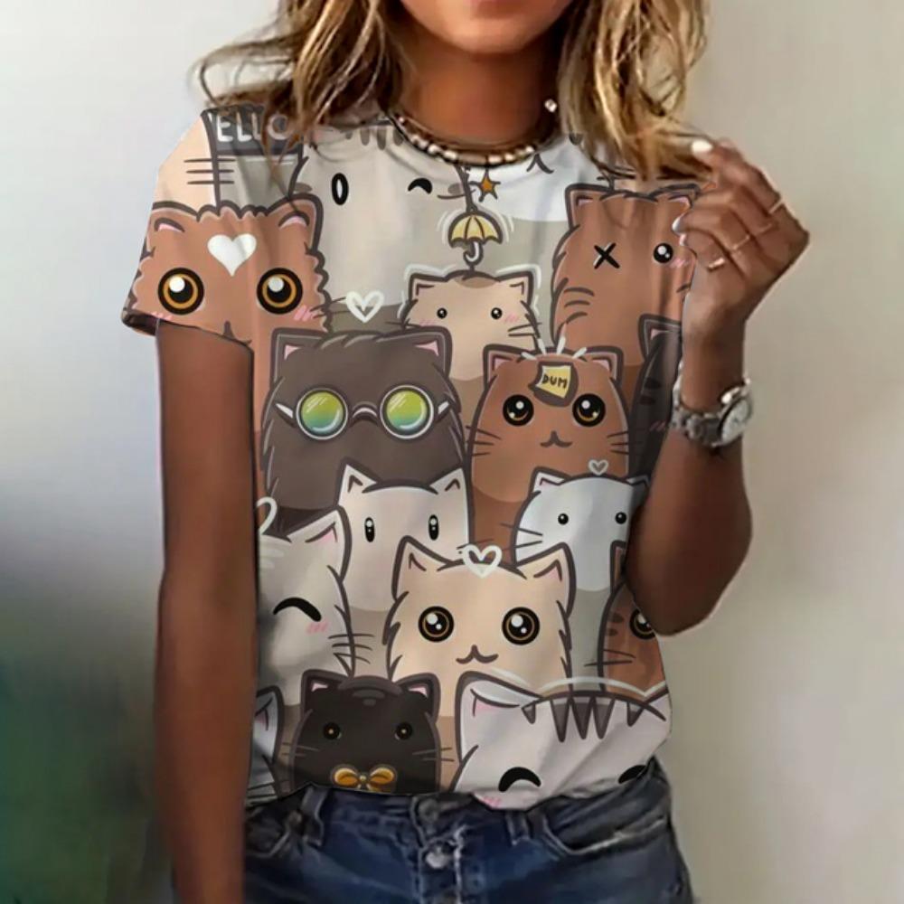 Женская футболка с принтом кошки, одежда 2024 года, летний круглый вырез, короткий рукав, элегантный повседневный топ, свободная дышащая женская одежда, футболка