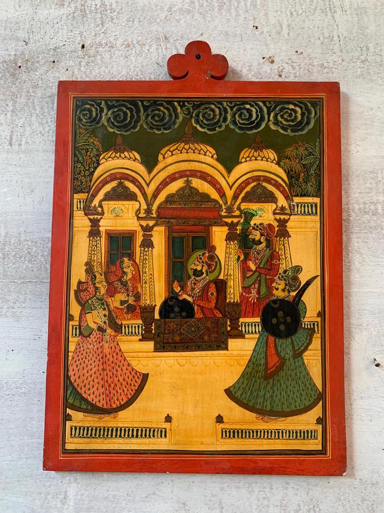 Hand-Painted Royal Portrait: Indian King & Queen Wood Frame Wall Decor