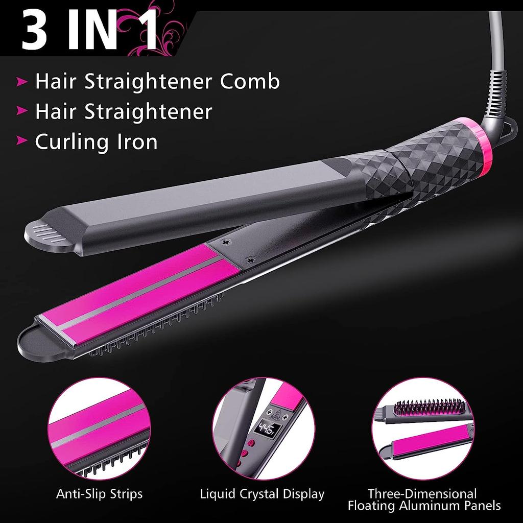 Hair Straightener&Curling Flat Iron 3-in-1 Fast Heating Electric Hot Comb Ceramic Ionic Straightener Flat Iron Women Hair Brush