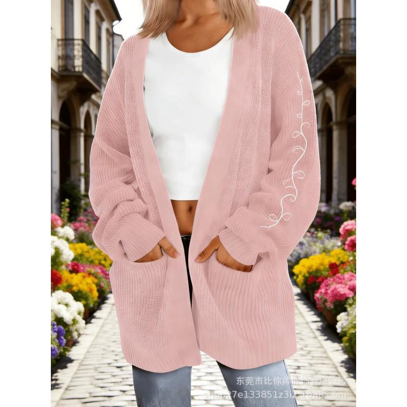 Womens Oversized Knit Cardigan With 3D Print Pocket Detail Loose Fit Long Sleeve Open Front Sweater