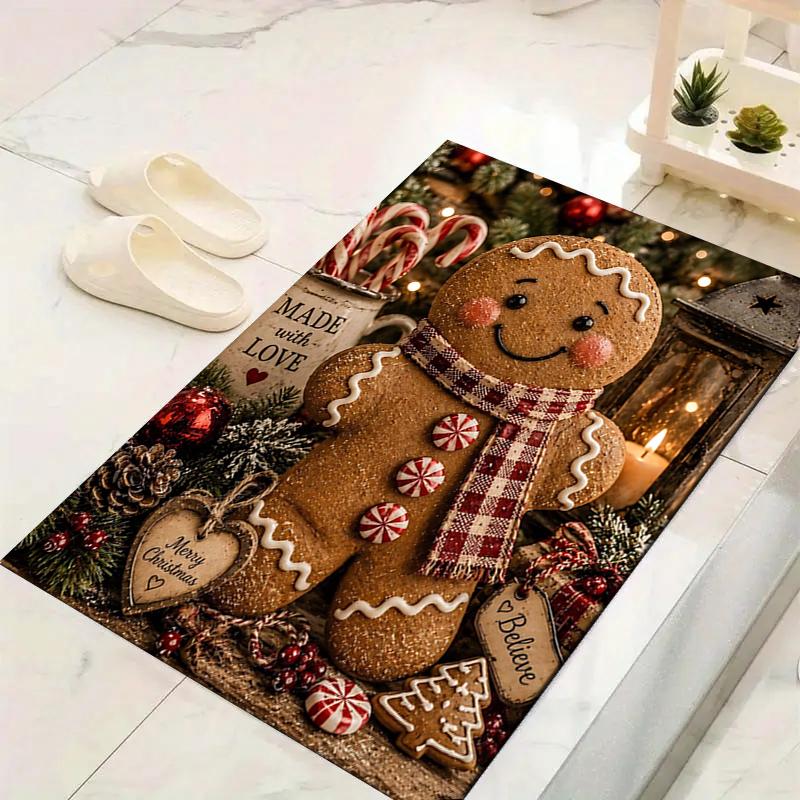 1Pc Christmas Gingerbread Decorations Rug Office Carpet Indoor Outdoor Doormat Nonslip Soft, Living Room Christmas Halloween Gift D91839