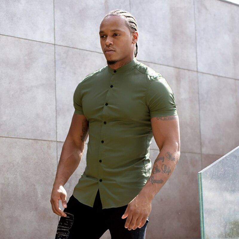 Muscleguys Модная мужская однотонная футболка в стиле ретро с короткими рукавами, летняя повседневная красивая рубашка с простым воротником-стойкой