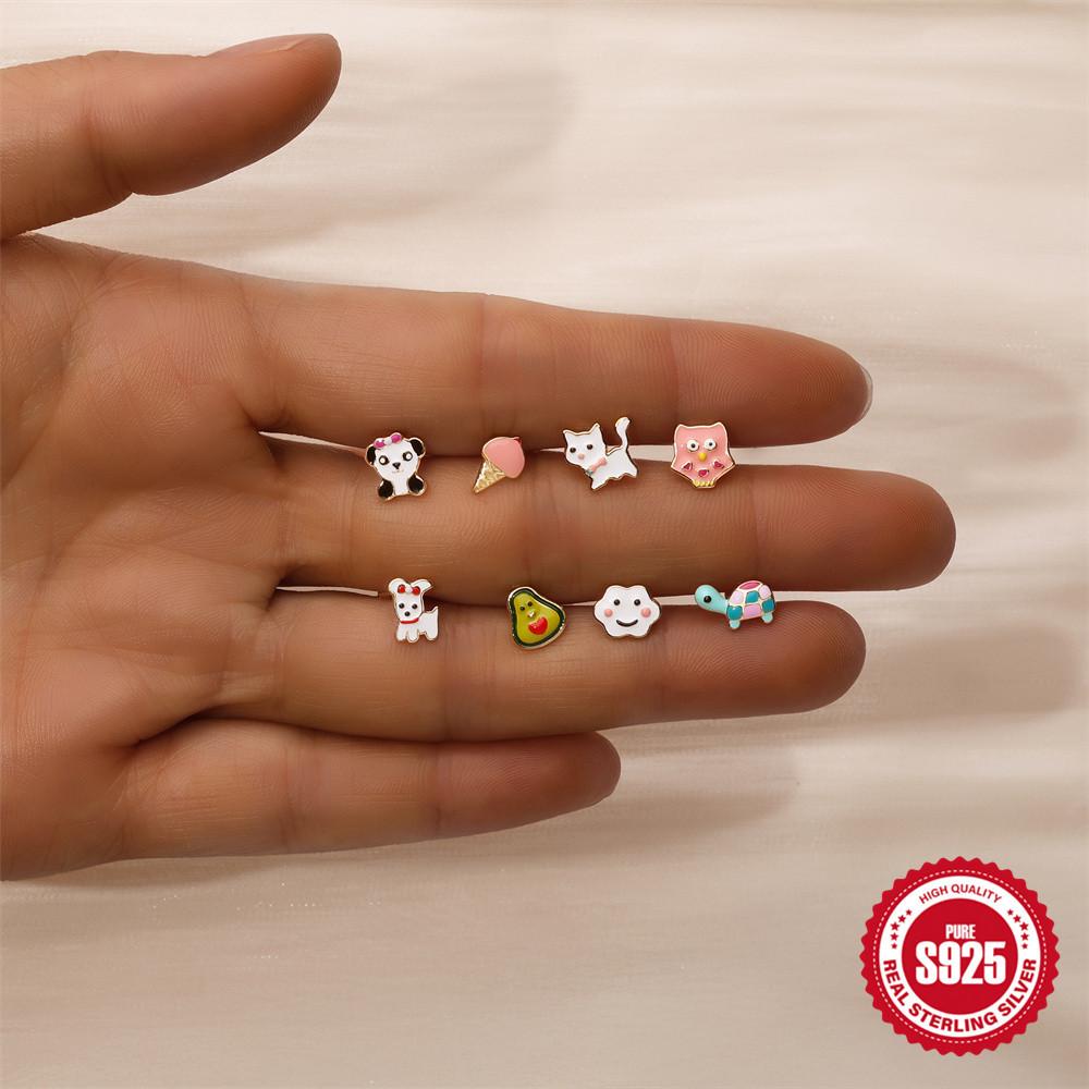 S925 Sterling Silver Cartoon Animal Ear Bone Stud Oil Drop Flat Head Threaded Piercing New Small Cute Fun Trendy Ear Jewelry