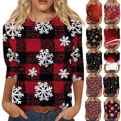Женская мода повседневная рубашка с круглым вырезом и рождественским принтом, семь рукавов