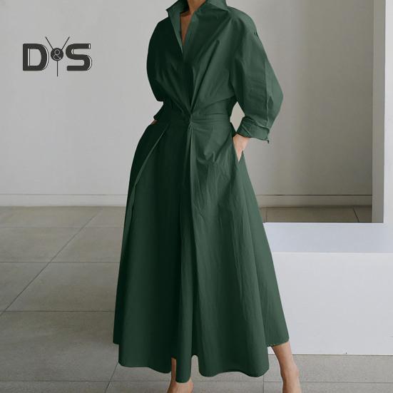 Женское платье-рубашка с длинным рукавом на пуговицах, повседневное платье-миди А-силуэта, длинное платье с воротником-лацканами для офисных вечеринок и пляжа