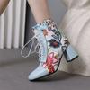 Женские полусапоги до щиколотки с квадратным носком, толстый высокий каблук, шнуровка, молния и вышивка, разноцветная женская модная обувь, осень-зима