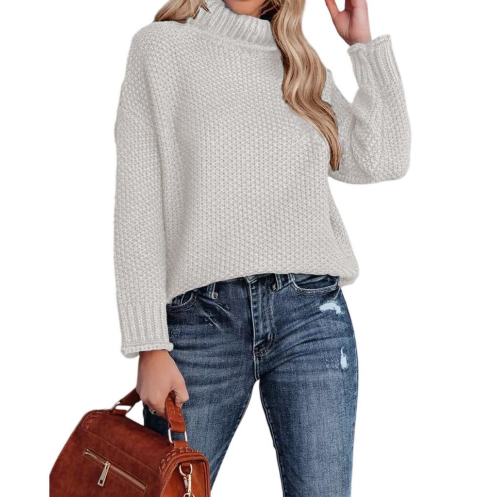 Модный женский вязаный свитер с высоким воротником, длинными рукавами и подвернутым краем